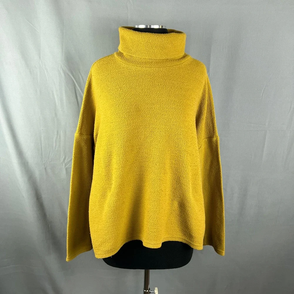 Aerie Sweater Womens L Yellow Cotton Textured Tight Knit Turtleneck Cozy Winter